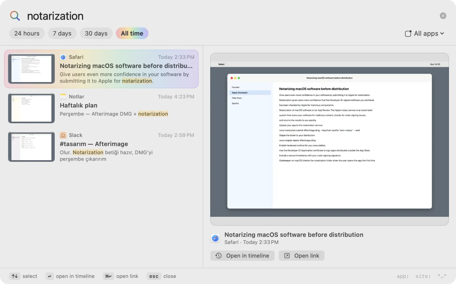 Quick search panel: three results for “notarization” from Safari, Notes and Slack, with a preview of the selected moment.