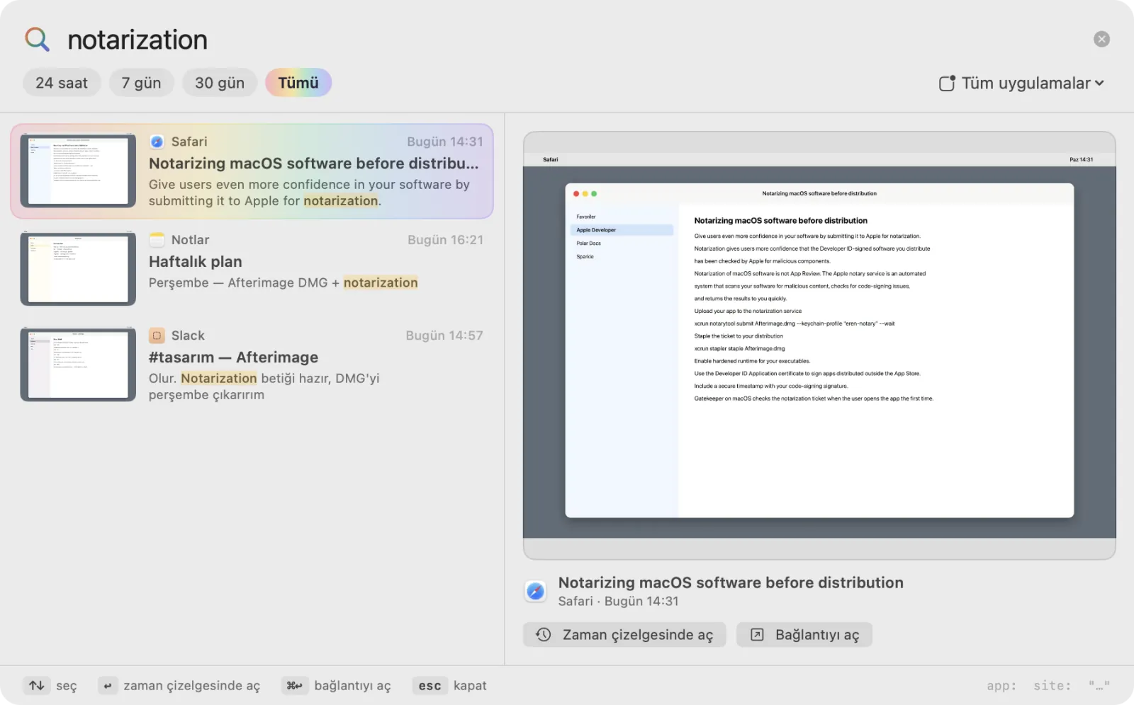 Hızlı arama paneli: “notarization” araması için Safari, Notlar ve Slack'ten üç sonuç ve seçilen anın önizlemesi.