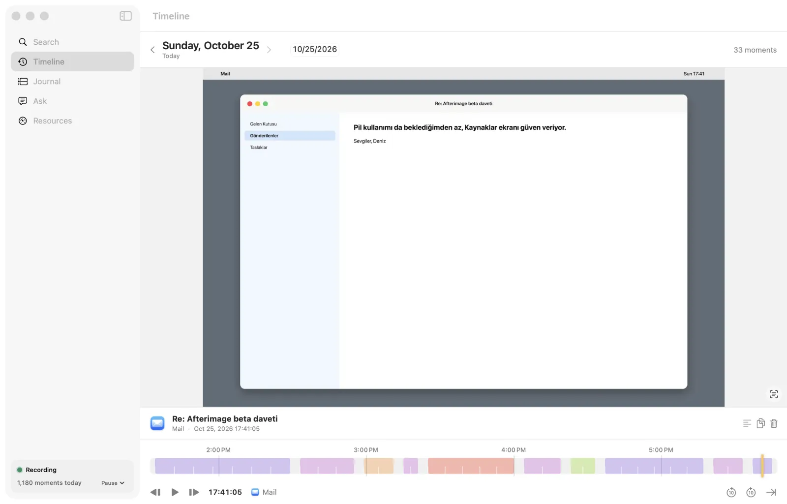 Timeline: a Mail window from the afternoon, with the day's colour-coded strip of apps underneath.