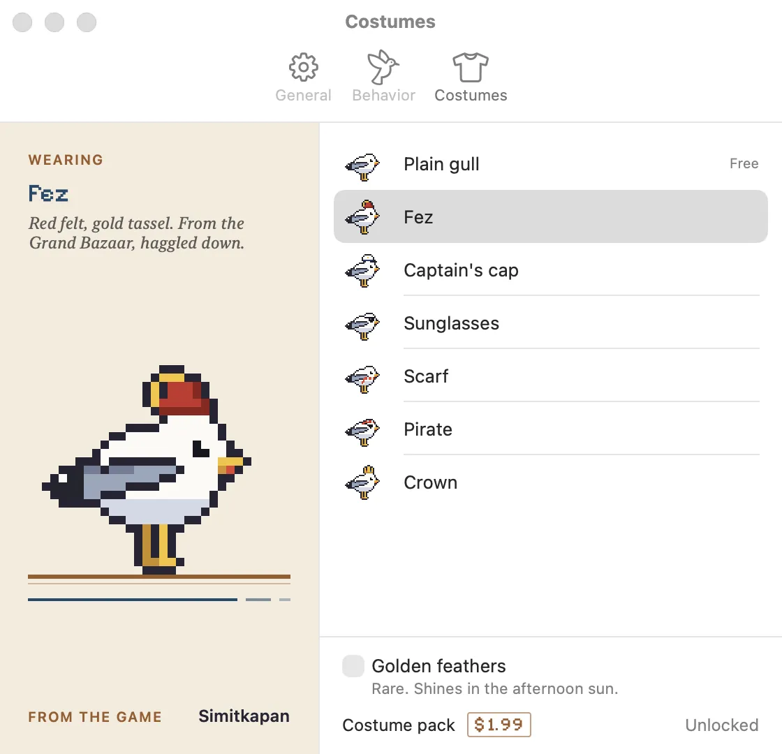 Costume settings: the gull in a fez, with the plain gull, fez, captain's cap, sunglasses, scarf, pirate and crown listed.