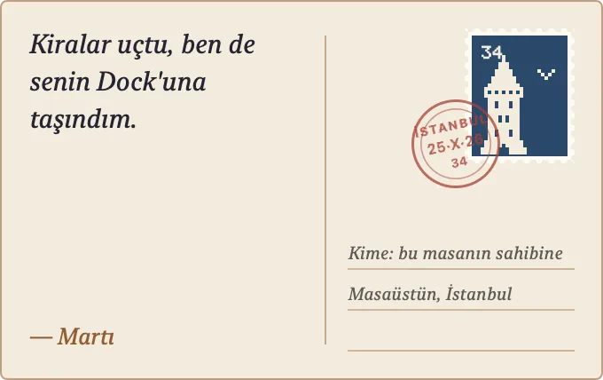 Martının getirdiği kartpostal: “Kiralar uçtu, ben de senin Dock'una taşındım.” İstanbul pullu.
