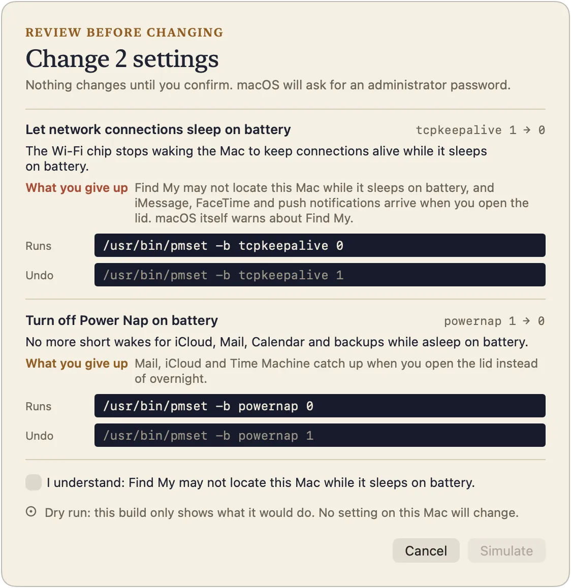 The review window: two settings, the commands that will run, their undo commands and what each costs.