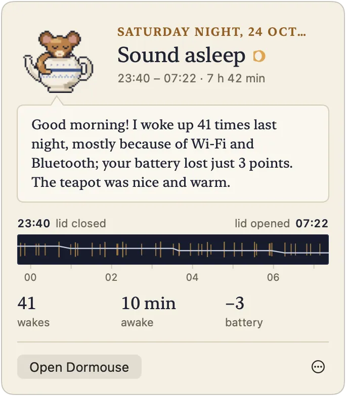 Menu bar window: a summary of a night spent sound asleep and a small night strip.