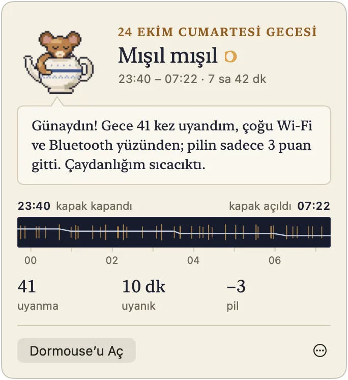Menü çubuğu penceresi: mışıl mışıl geçen bir gecenin özeti ve küçük gece şeridi.