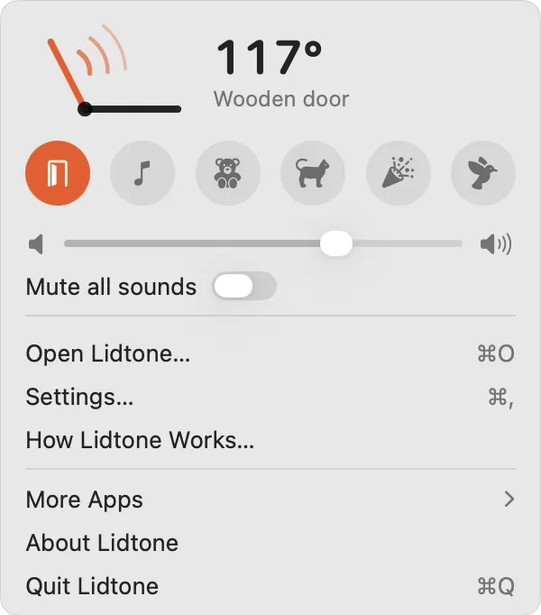 The menu bar panel: 117 degrees, the mode buttons, volume and the menu.