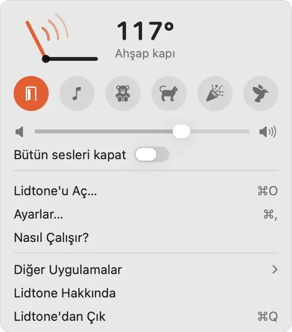 Menü çubuğu paneli: 117 derece, mod düğmeleri, ses düzeyi ve menü.