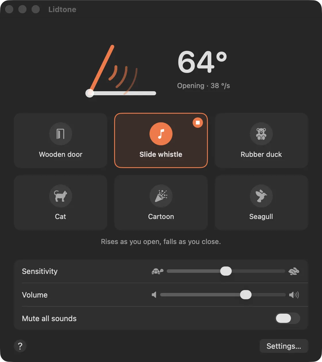 Slide whistle in dark mode: the lid at 64 degrees, opening at 38 degrees a second.