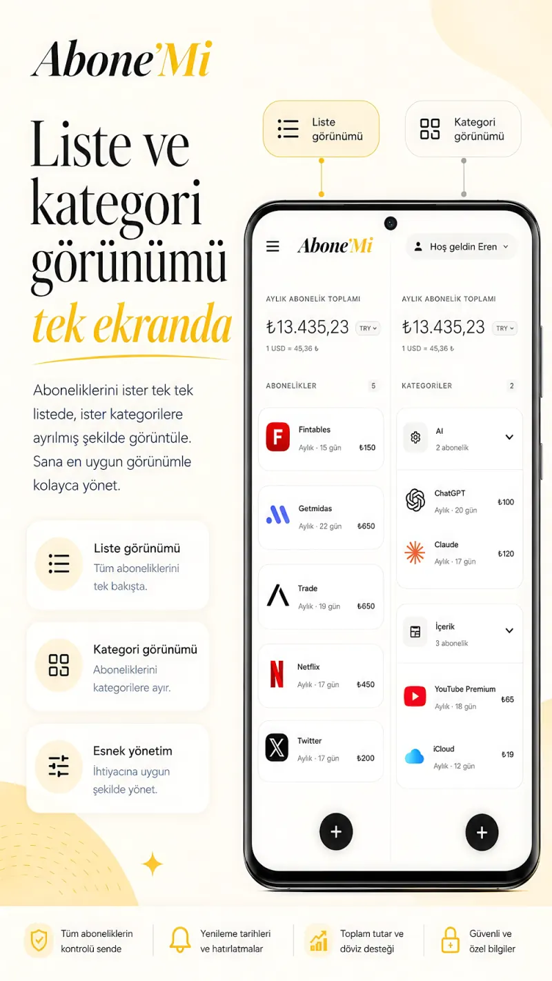 Liste ve kategori görünümünü yan yana gösteren ekran.