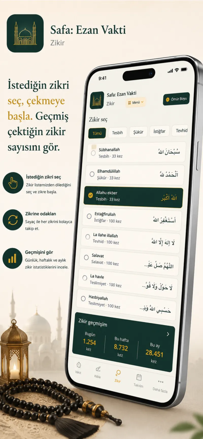 Zikirmatik ve zikir geçmişi ekranı.