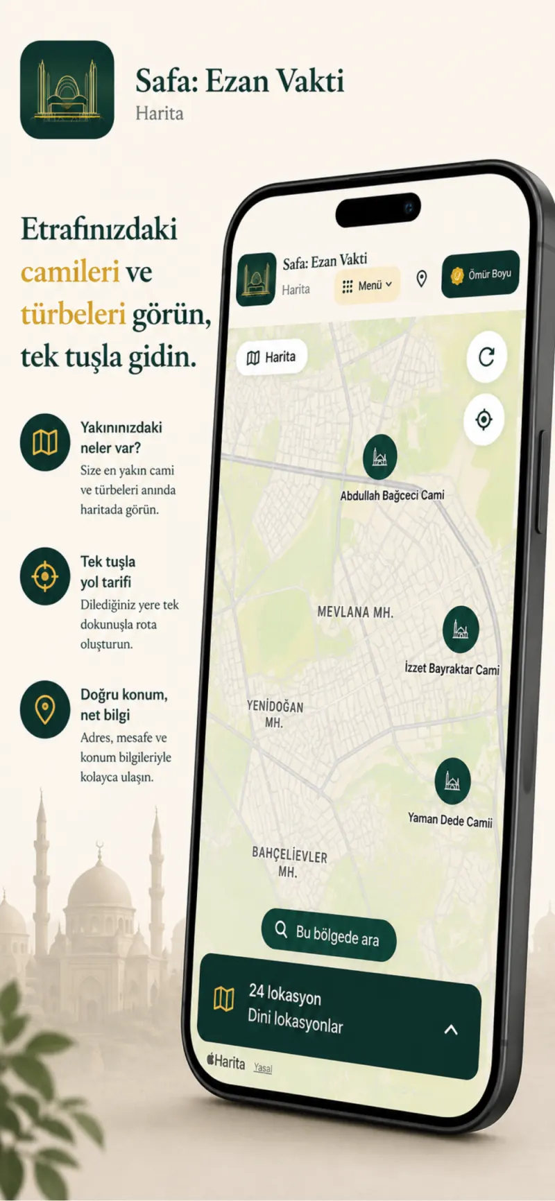 Yakındaki cami ve türbeleri gösteren harita.