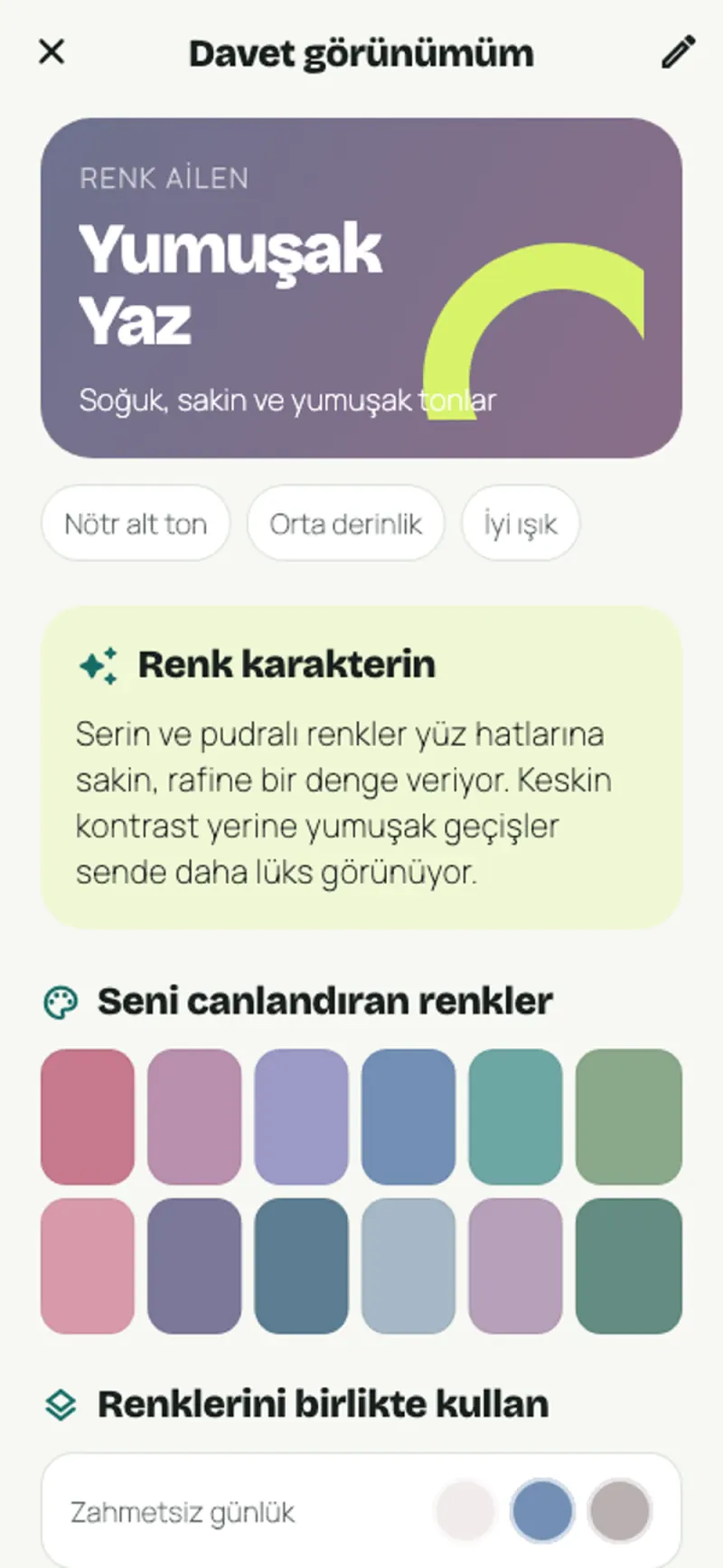Renk karakterini ve sana yakışan paleti gösteren sonuç.